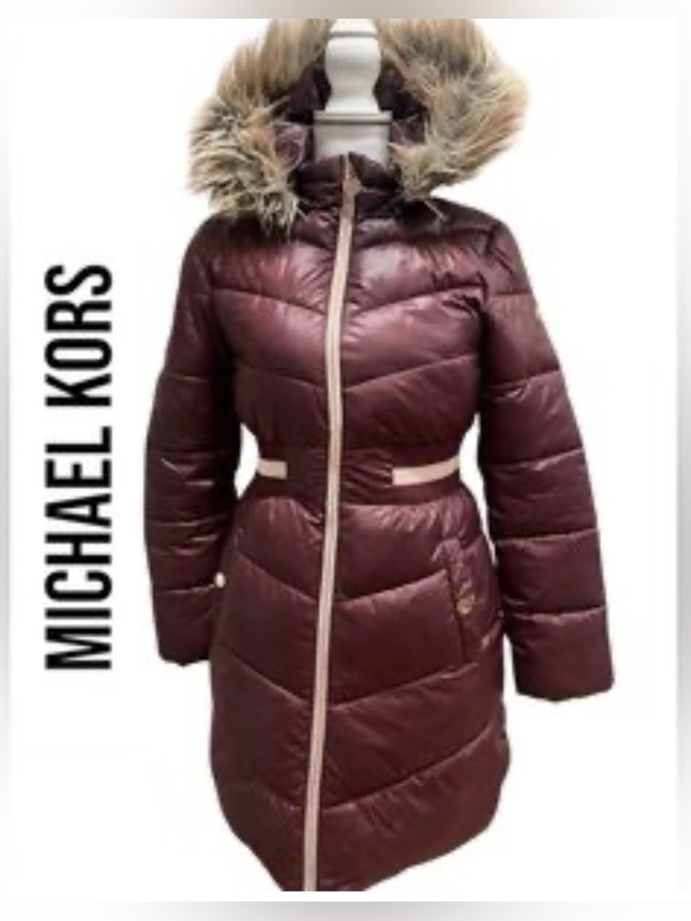 Michael Kors Girls Burgundy Puffer Coat with Faux Fur Hood size 14